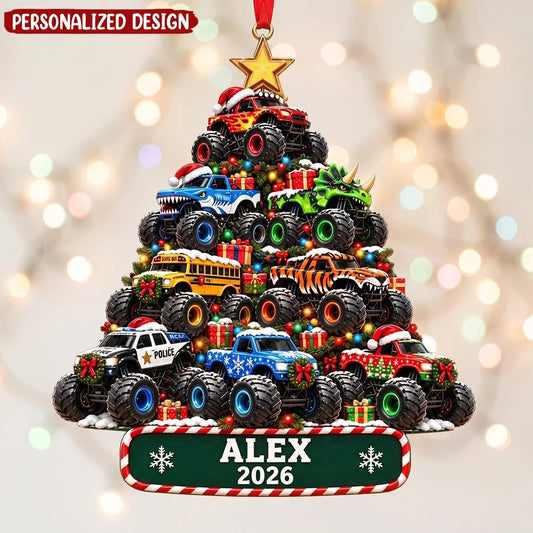 Personalized Monster Truck Tree Wooden Ornament - Custom Name Christmas Keepsake