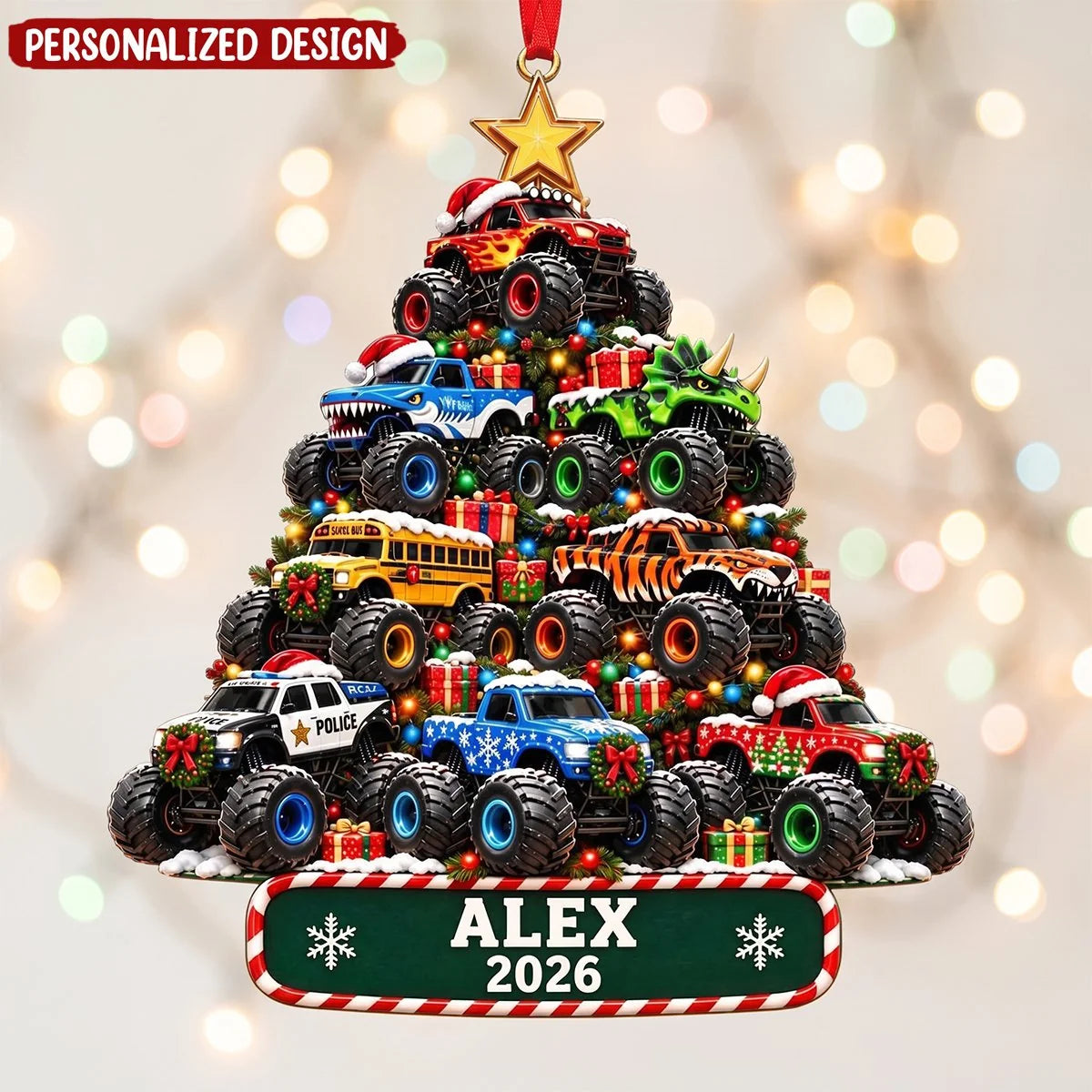 Personalized Monster Truck Tree Wooden Ornament - Custom Name Christmas Keepsake