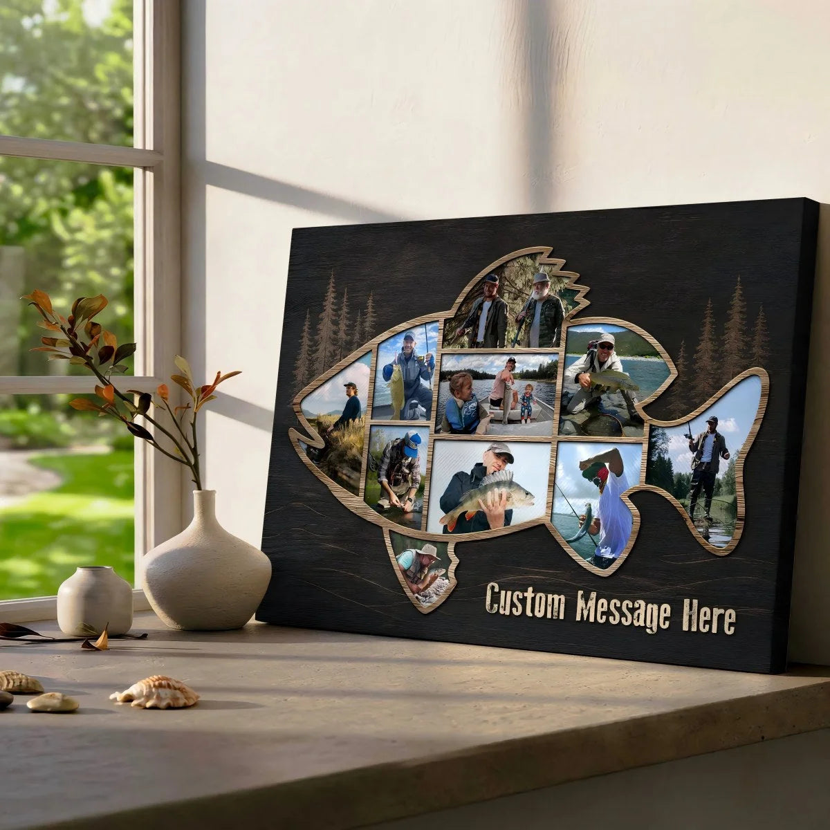 "Dad's Fishing Legacy" Personalized Fish Shape Photo Canvas / Poster - Custom Keepsake Gift for Cabin Decor
