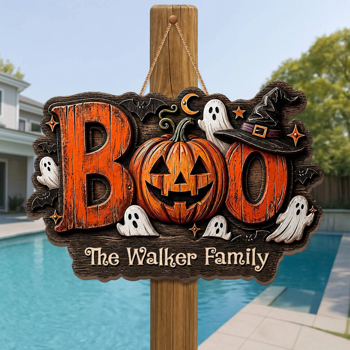 BOO Our Family Spooky Pumpkin and Ghost Personalized Wood Sign - Custom Halloween Home Decor