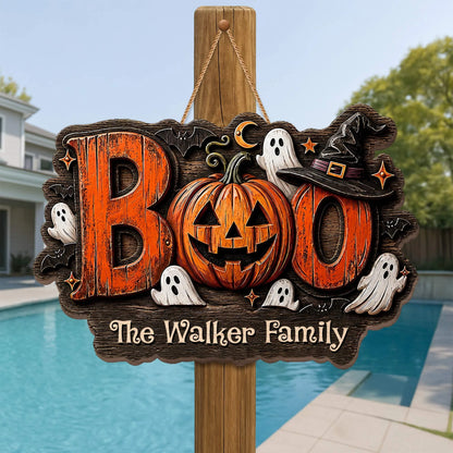 BOO Our Family Spooky Pumpkin and Ghost Personalized Wood Sign - Custom Halloween Home Decor