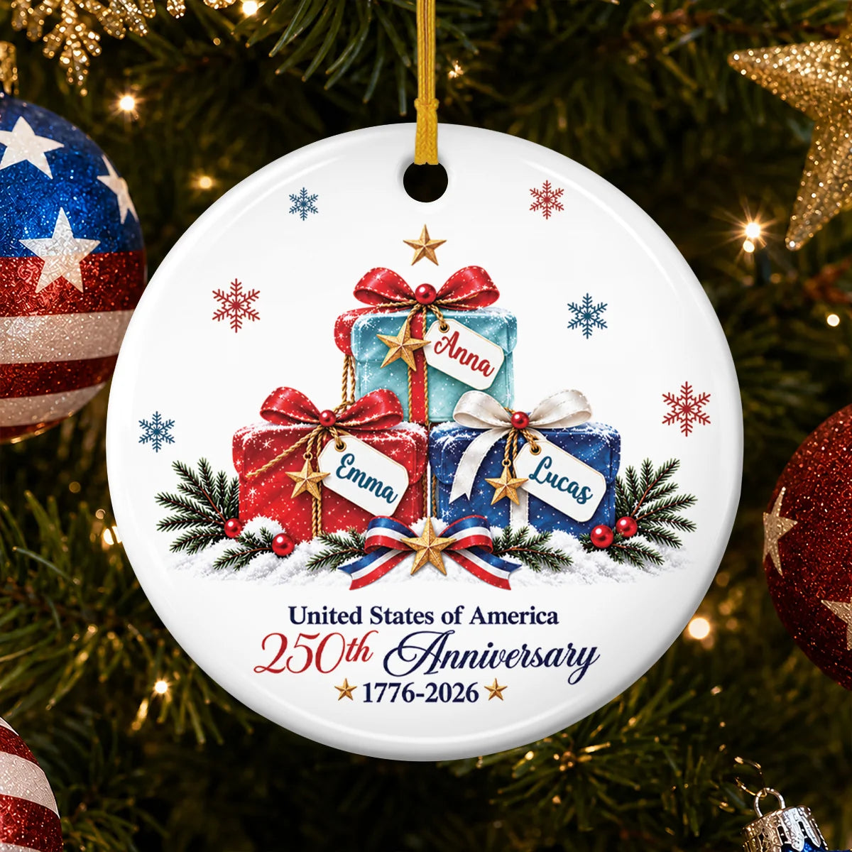"United States of America 250th Anniversary" Custom Ceramic Ornament - Christmas Gift for Family