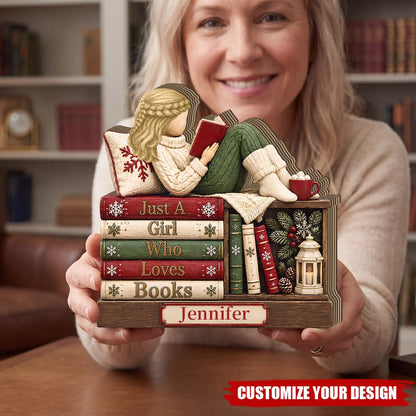 "Just A Girl Who Loves Books" Personalized Wooden Block - Custom Gift for Book Lovers