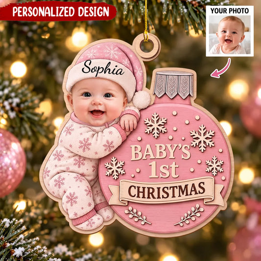 Baby's 1st Christmas Personalized Photo Wooden Ornament - Keepsake for New Parents and Family