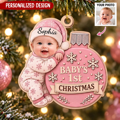 Baby's 1st Christmas Personalized Photo Wooden Ornament - Keepsake for New Parents and Family