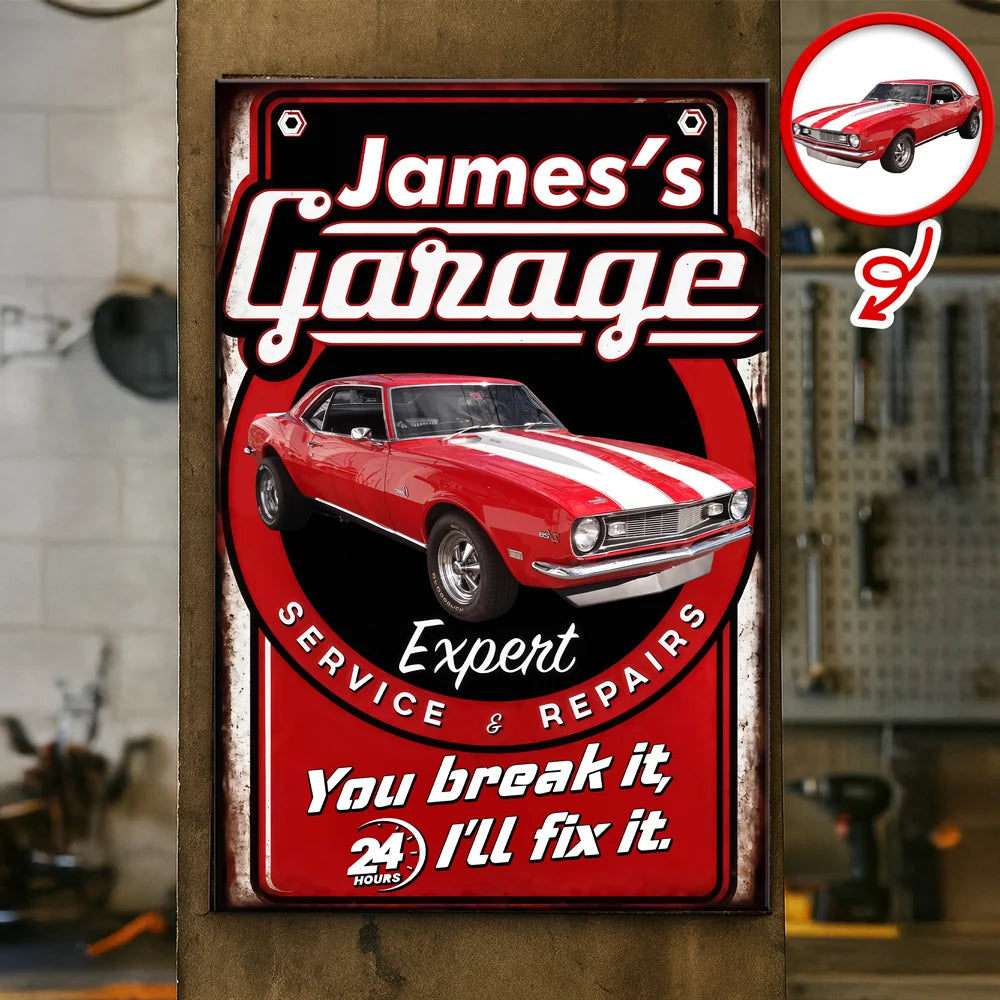"You Break It I'll Fix It" Personalized Garage Metal Sign - Custom Vintage Car Wall Art Decor