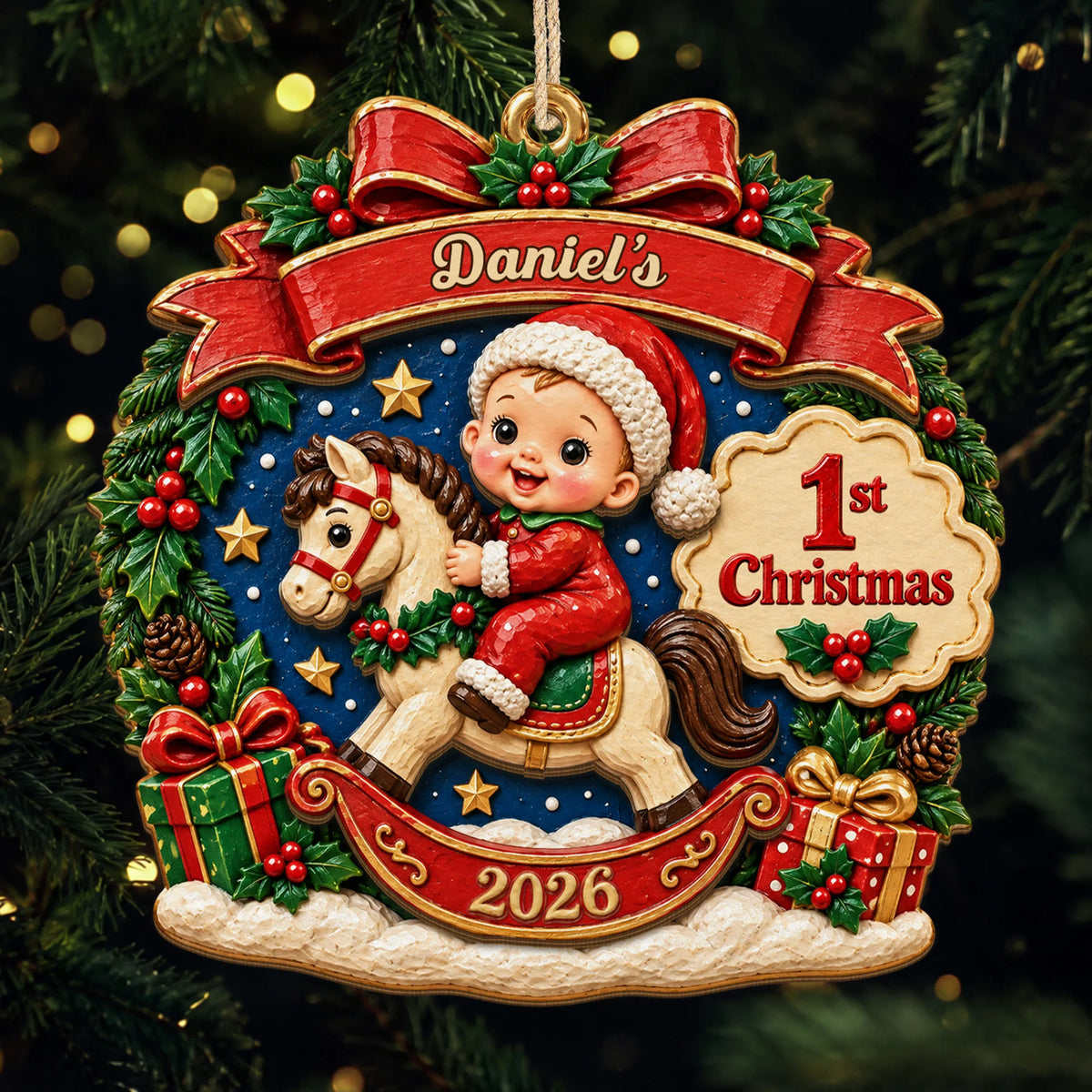 Baby's 1st Christmas Personalized Wooden Ornament - Custom Rocking Horse Keepsake for Newborns & Holiday Tree Decor