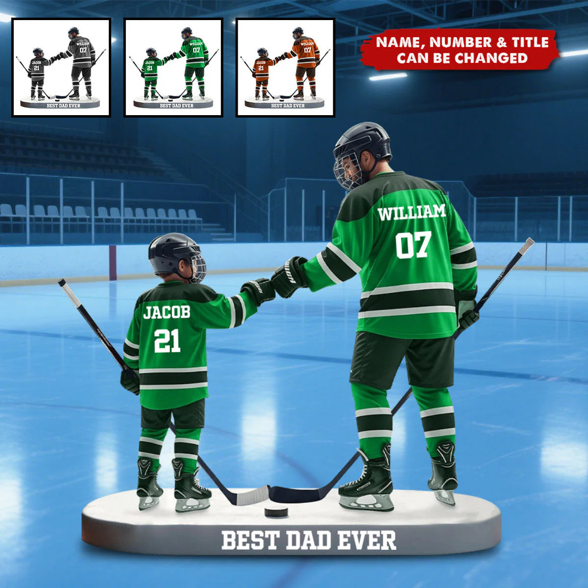 Personalized hockey dad plaque featuring a father and son fist-bumping on ice - custom hockey gift for dad
