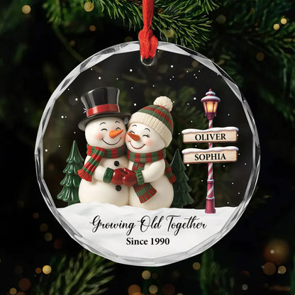 Growing Old Together Personalized Glass Ornament - Custom Snowman Christmas Gift for Couples