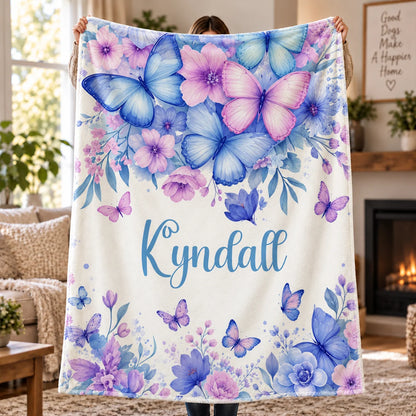Personalized Butterfly Blanket with Custom Name - Floral Birthday Gift for Daughter or Granddaughter