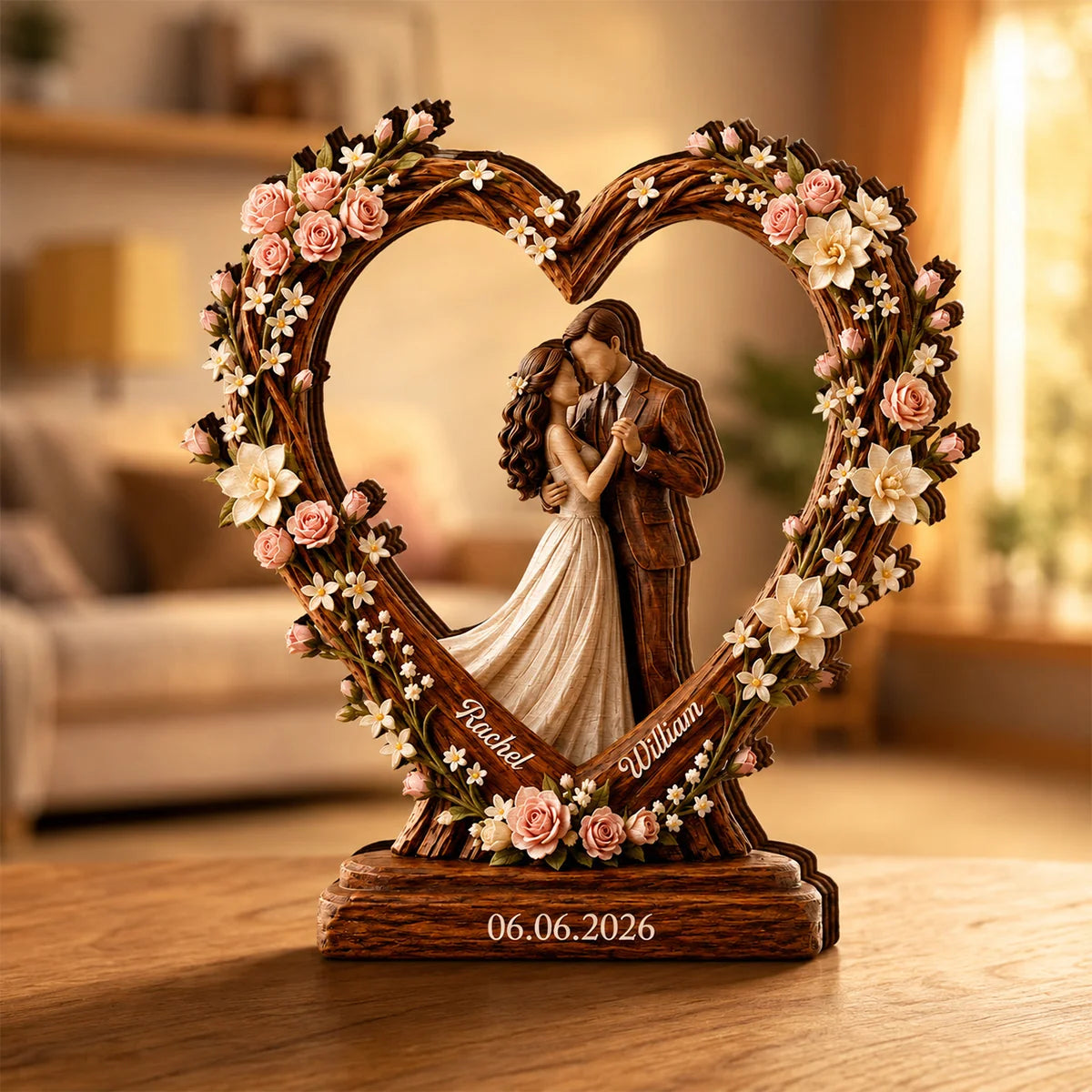 Personalized Wedding Couple Heart Wood Block - Custom Anniversary Gift