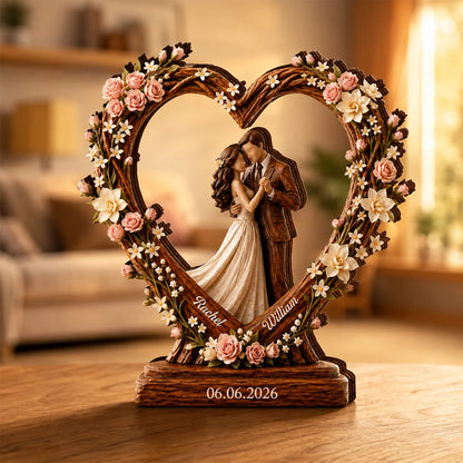 Personalized Wedding Couple Heart Wood Block - Custom Anniversary Gift