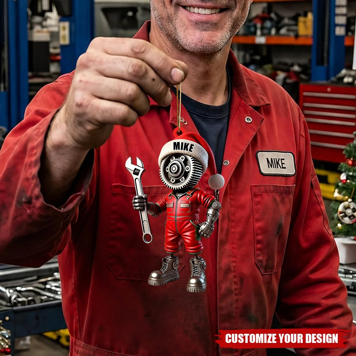 Personalized Mechanic Santa Hat Acrylic Ornament - Custom Christmas Decor Gift for Car Repair Enthusiasts