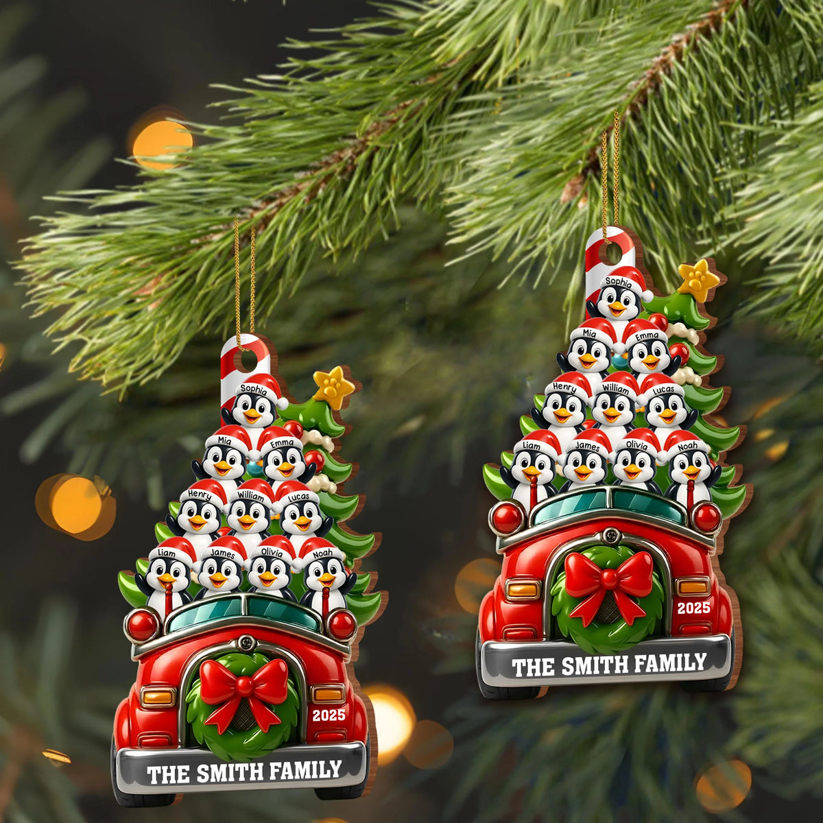 Festive Penguin Car Personalized Christmas Wood Ornament - Family Holiday Keepsake Gift