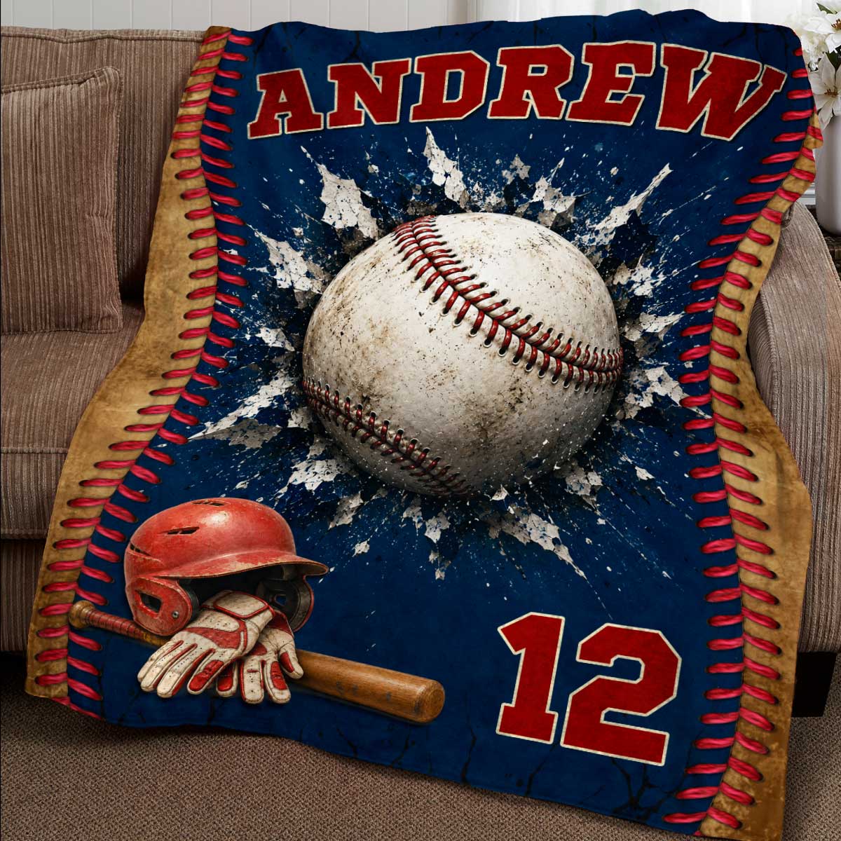 Personalized baseball blanket with custom name Andrew and number 12 for son senior night gift