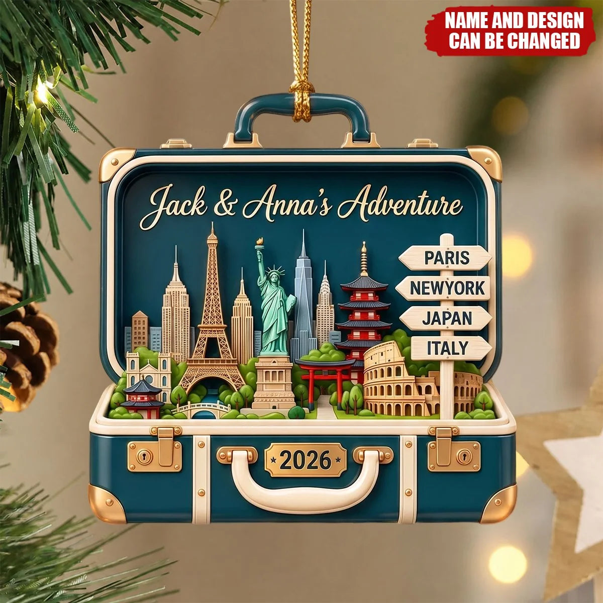 Personalized Adventure Wooden Ornament - Custom Travel Suitcase Christmas Gift for Couples