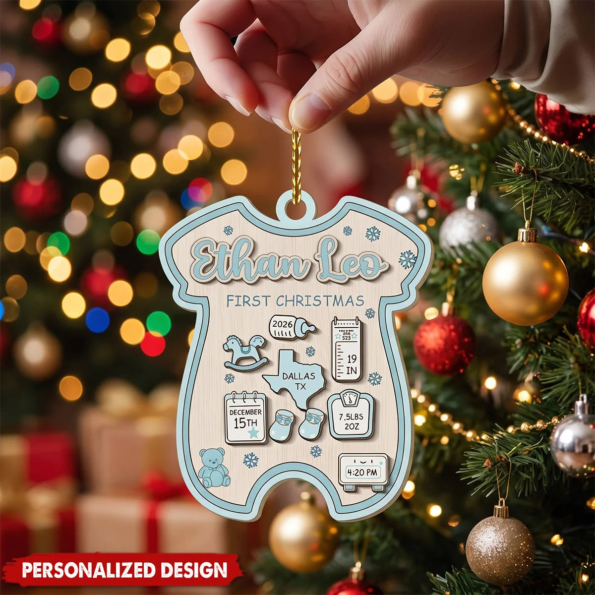 Baby’s First Christmas Personalized Birth Stats Ornament - Custom Wooden Onesie Keepsake Gift