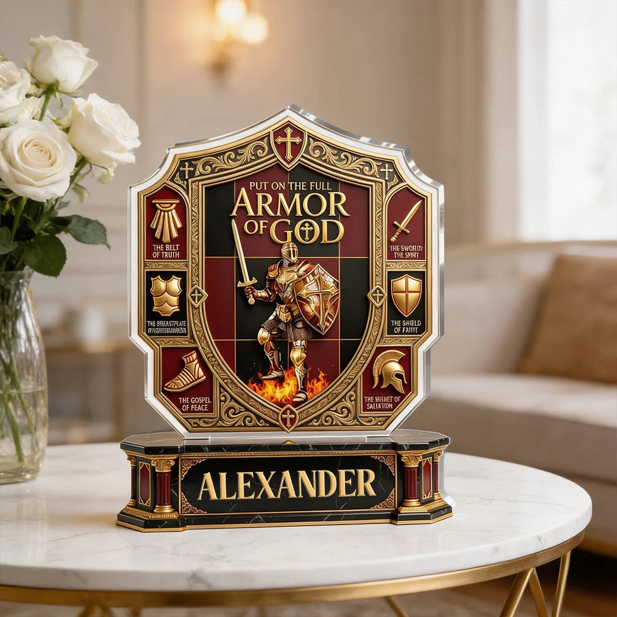 "Put On The Full Armor Of God" Personalized Acrylic Plaque - Custom Christian Gift for Men
