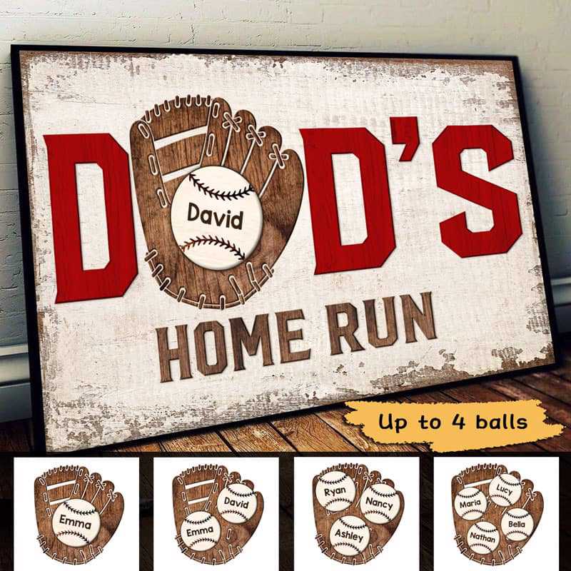 Dad's Home Run Personalized Baseball Poster / Canvas - Custom Kids Names Wall Art Gift