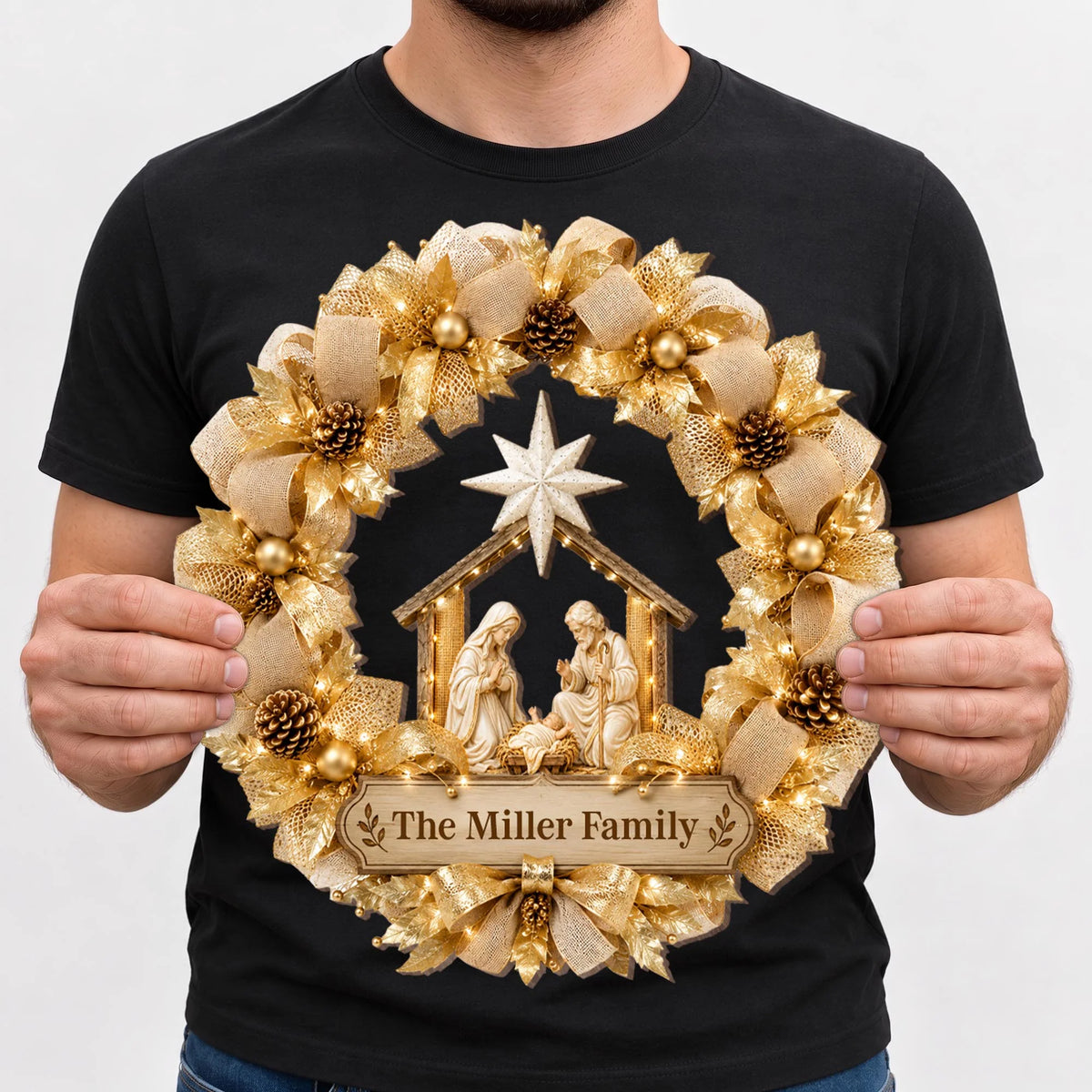 Nativity Scene Gold Wreath Personalized Wood Sign - Christmas Holiday Decor for Family