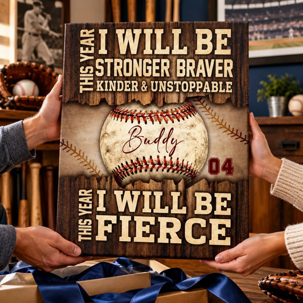 "Stronger Braver Kinder & Unstoppable" Personalized Baseball Canvas / Poster - Custom Wall Art Gift for Son & Grandson