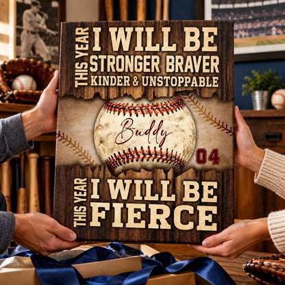 "Stronger Braver Kinder & Unstoppable" Personalized Baseball Canvas / Poster - Custom Wall Art Gift for Son & Grandson