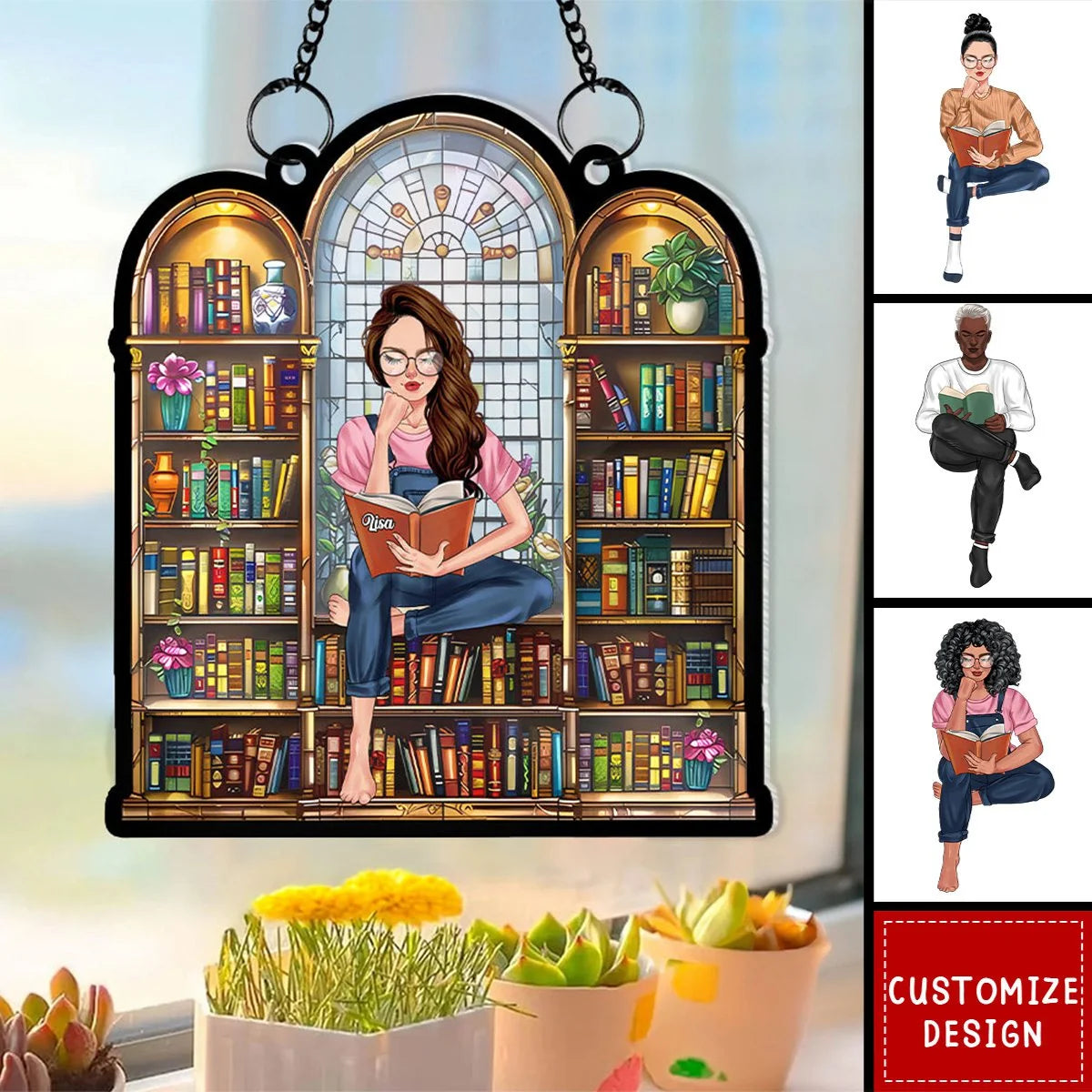 Custom Book Lover Suncatcher Ornament - Personalized Acrylic Window Hanging Gift for Readers