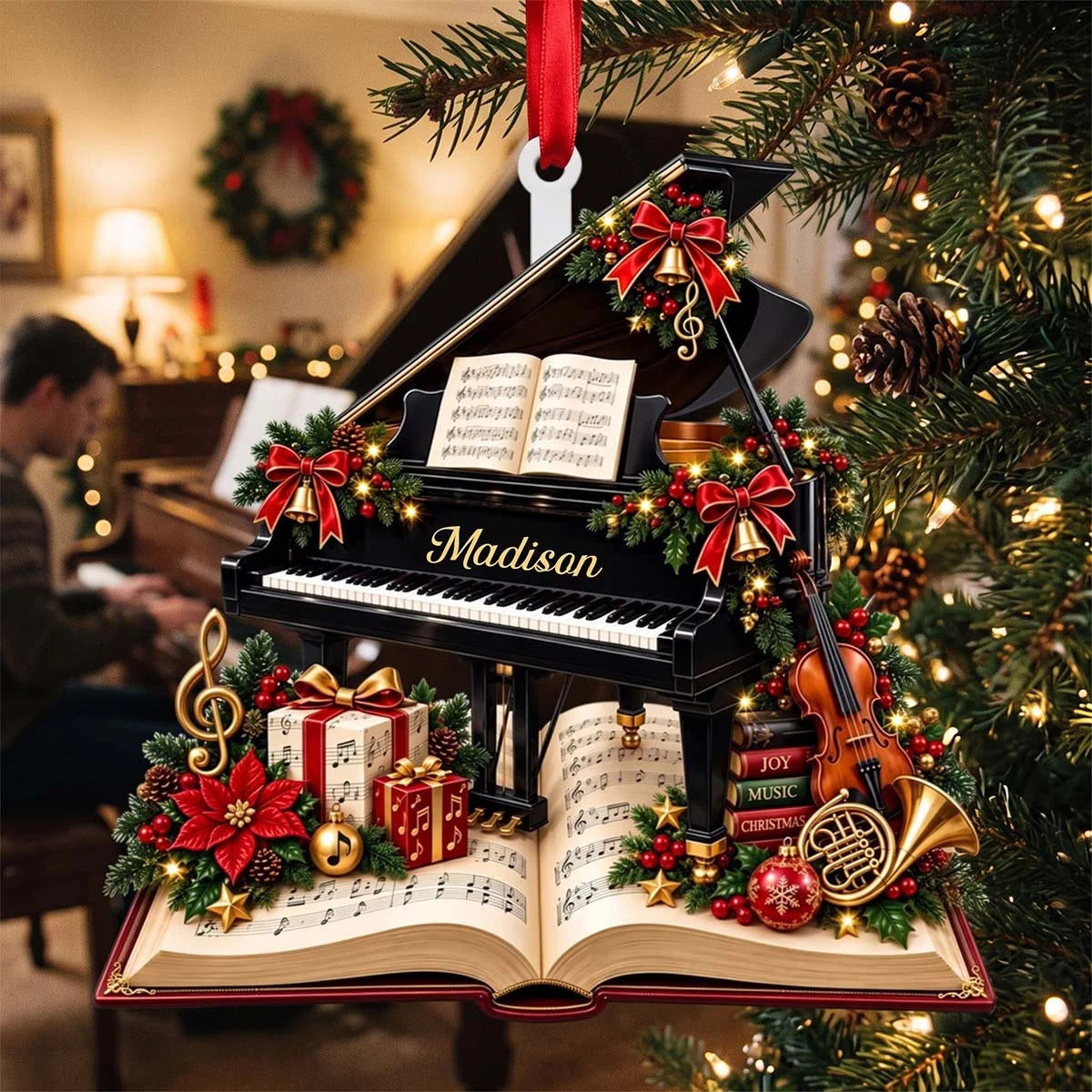 Personalized Grand Piano Wooden Ornament - Custom Christmas Gift for Pianists & Music Teachers