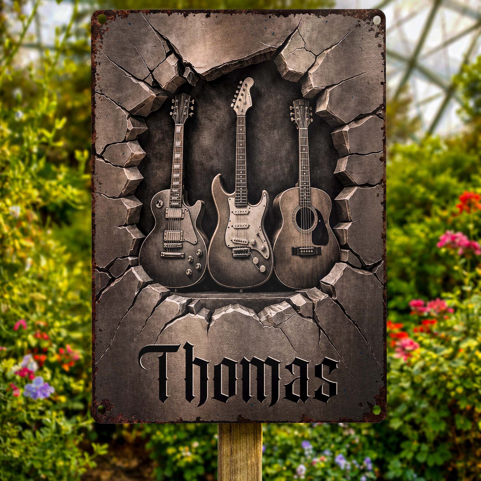 Personalized metal guitar sign with 3D cracked wall effect and custom name for music lovers image 8