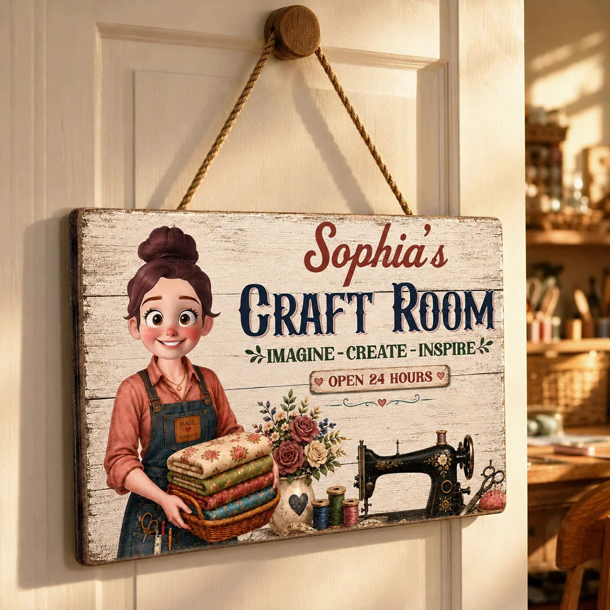 Personalized sewing room wooden sign with custom name craft girl design for mom birthday gift image 6