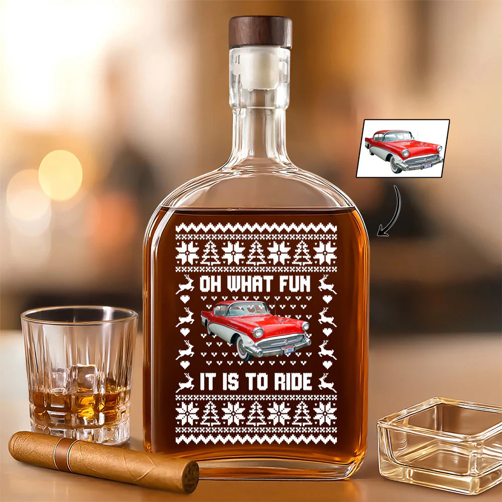 Custom Car Photo Whiskey Bottle for Dad with personalized design details for meaningful gifting