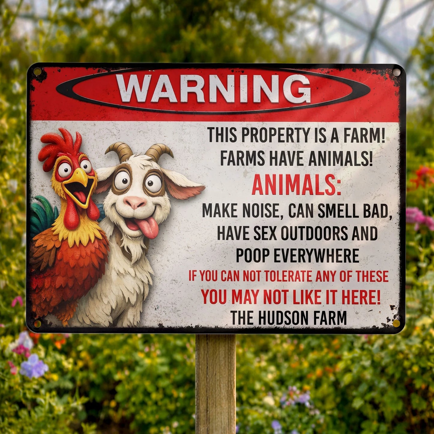 Personalized metal sign with a funny warning about farm animals, a cartoon rooster, and a goat on a wooden fence. image 7