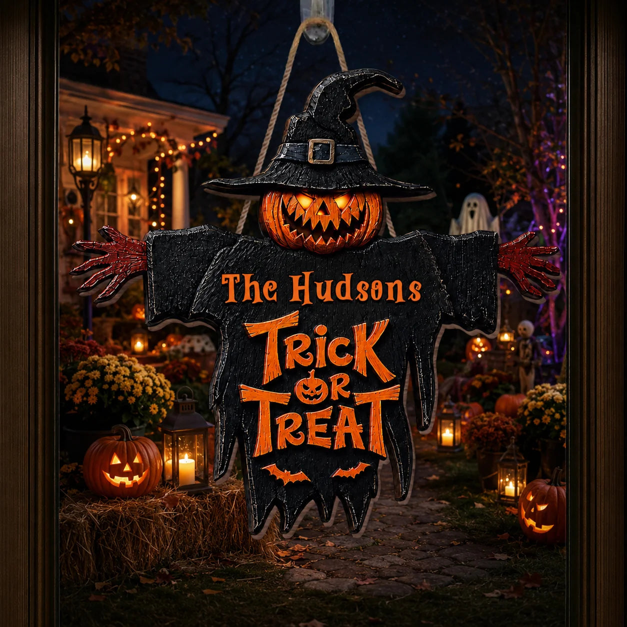 Trick Or Treat Pumpkin Scarecrow Personalized Halloween Wood Sign - Custom Family Front Porch Decor