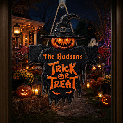 Trick Or Treat Pumpkin Scarecrow Personalized Halloween Wood Sign - Custom Family Front Porch Decor