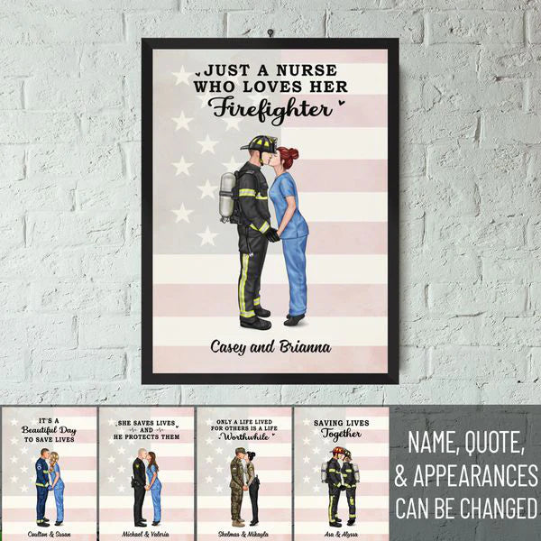 Personalized first responder wall art featuring a custom couple portrait canvas for nurse, firefighter, and police gifts
