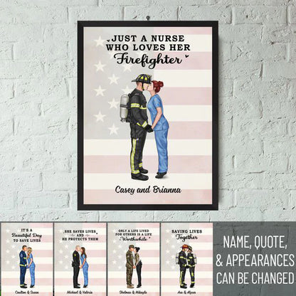 Personalized first responder wall art featuring a custom couple portrait canvas for nurse, firefighter, and police gifts