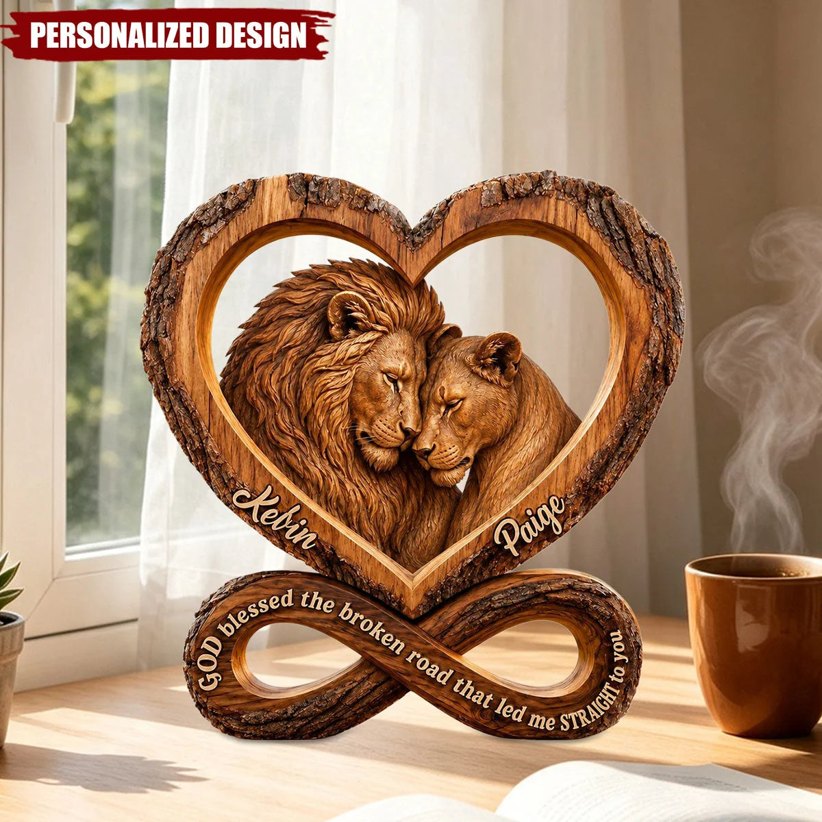 God Blessed The Broken Road - Personalized Lion Couple Heart Infinity Wooden Block Gift
