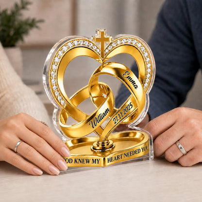 Personalized couple acrylic plaque featuring custom wedding rings and God Knew My Heart Needed You quote image 6