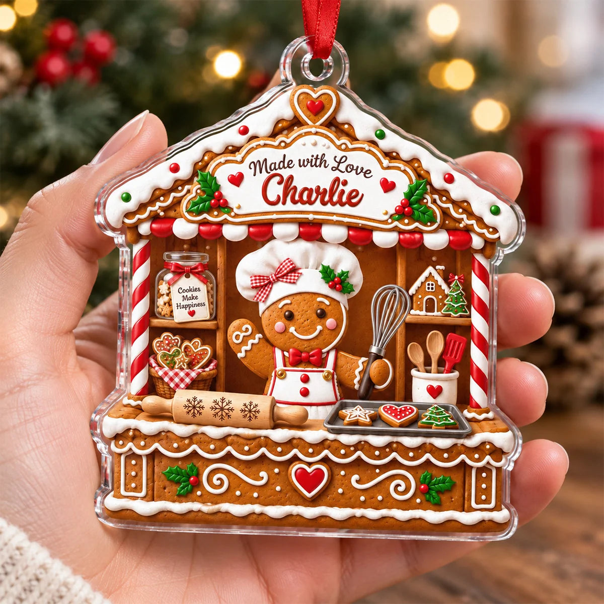 Made with Love Personalized Acrylic Ornament - Custom Christmas Gingerbread Baker Keepsake