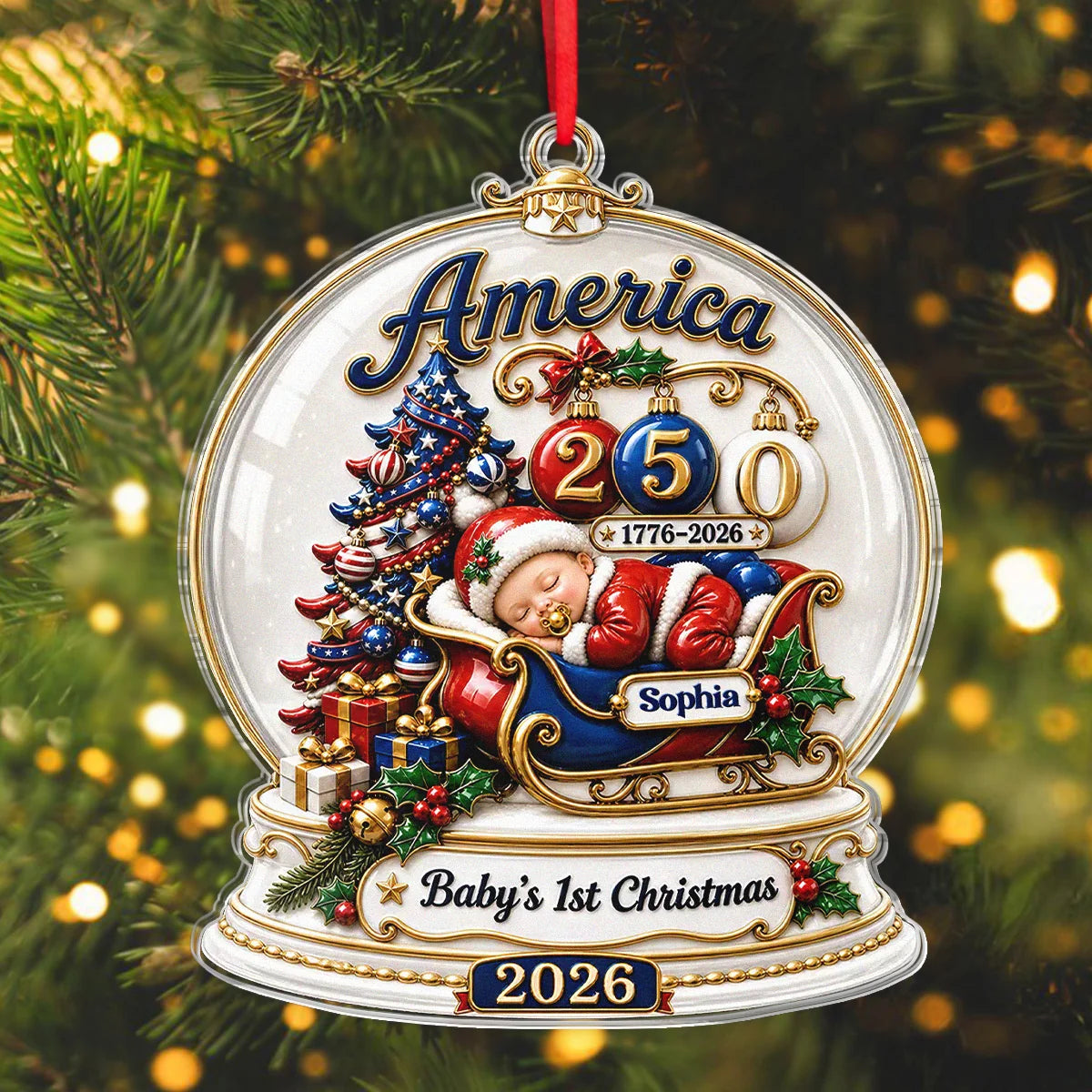 Baby's 1st Christmas 2026 America 250th - Personalized Acrylic Ornament for Newborn