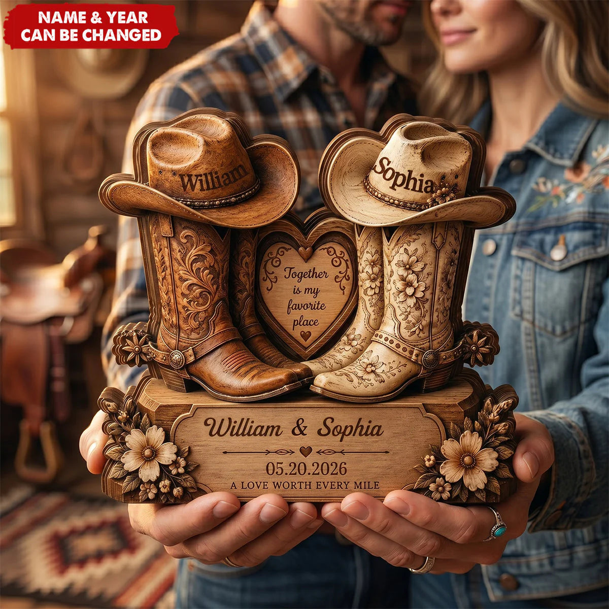 Personalized Cowboy Boots Wooden Plaque personalization view for Couples