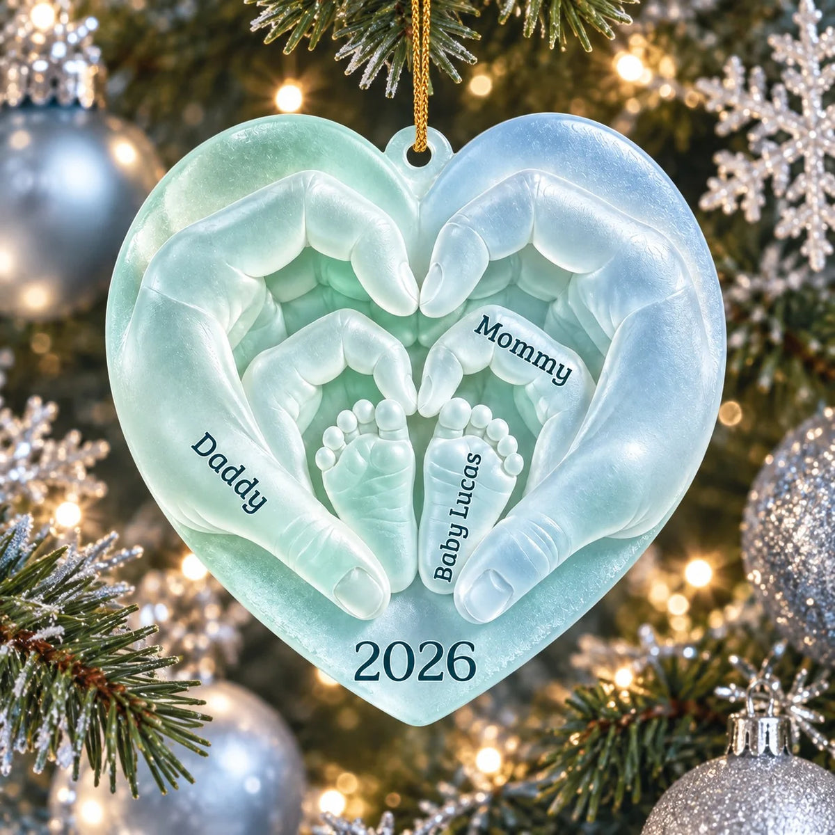 Daddy Mommy Baby Hands Heart - Personalized Acrylic Christmas Ornament for New Parents