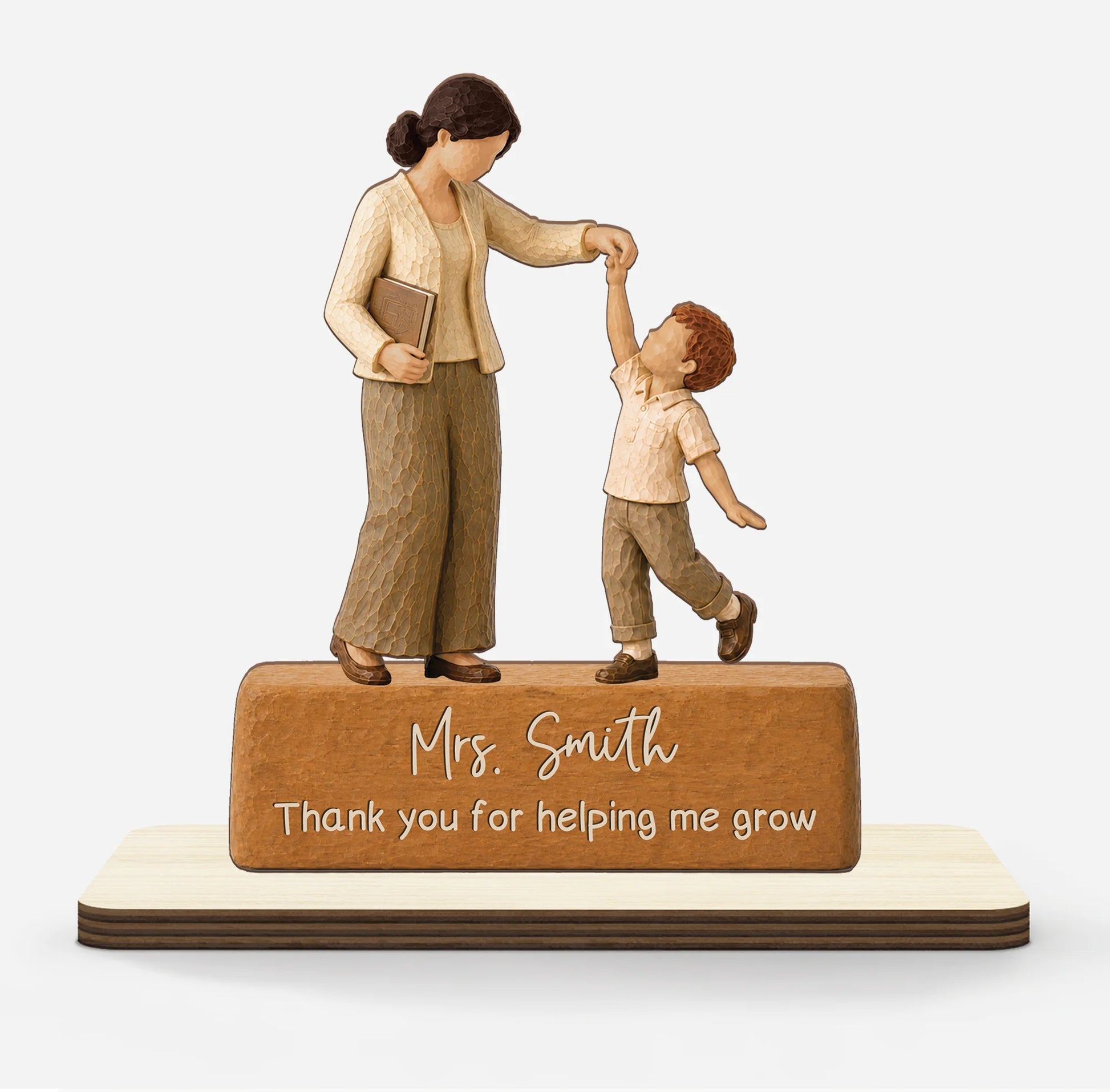 Custom teacher plaque with wood stand printed with Thank You for Helping Me Grow design for teacher appreciation