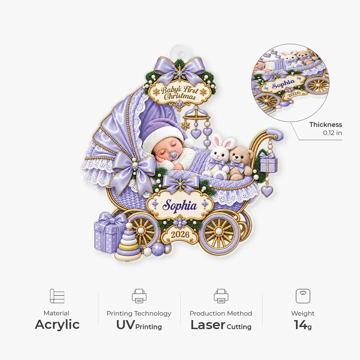 "Baby's First Christmas" Carriage Custom Acrylic Ornament - Keepsake for Newborn