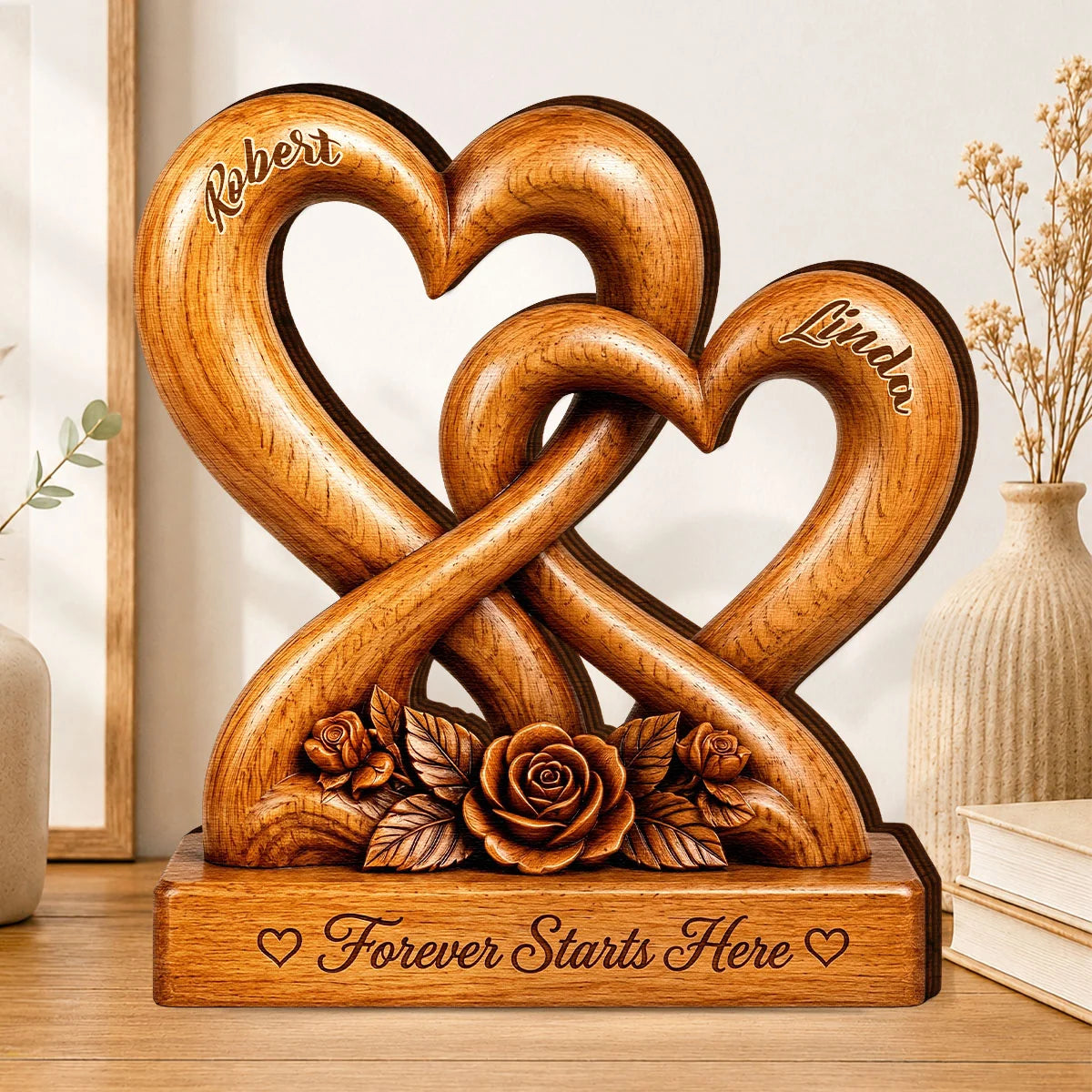 Forever Starts Here Personalized Wooden Block - Custom Anniversary Keepsake for Couples