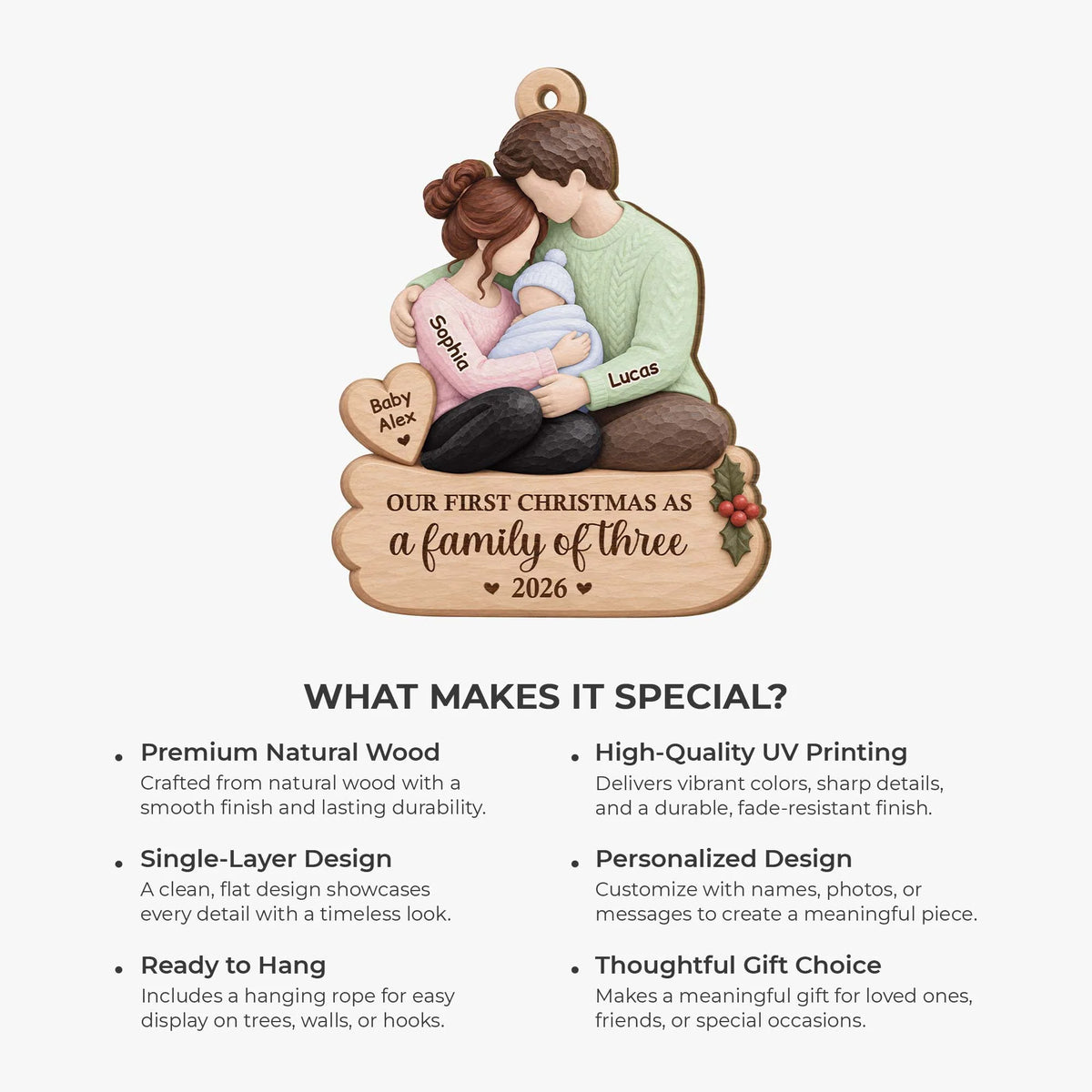 Our First Christmas as a Family of Three - Personalized Wooden Ornament for New Parents