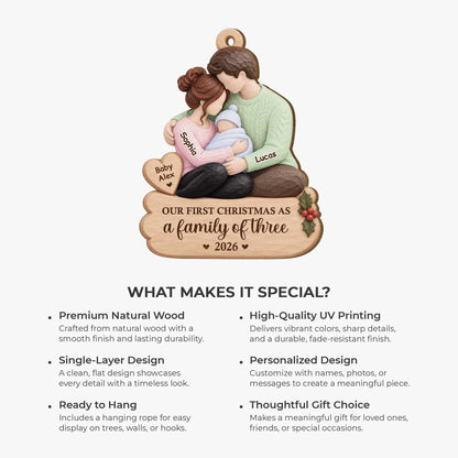 Our First Christmas as a Family of Three - Personalized Wooden Ornament for New Parents