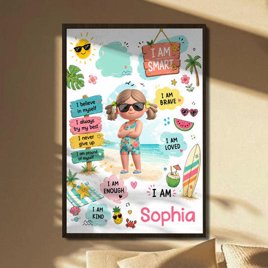 Personalized kids affirmation poster featuring a custom cartoon girl on a beach with motivational quotes