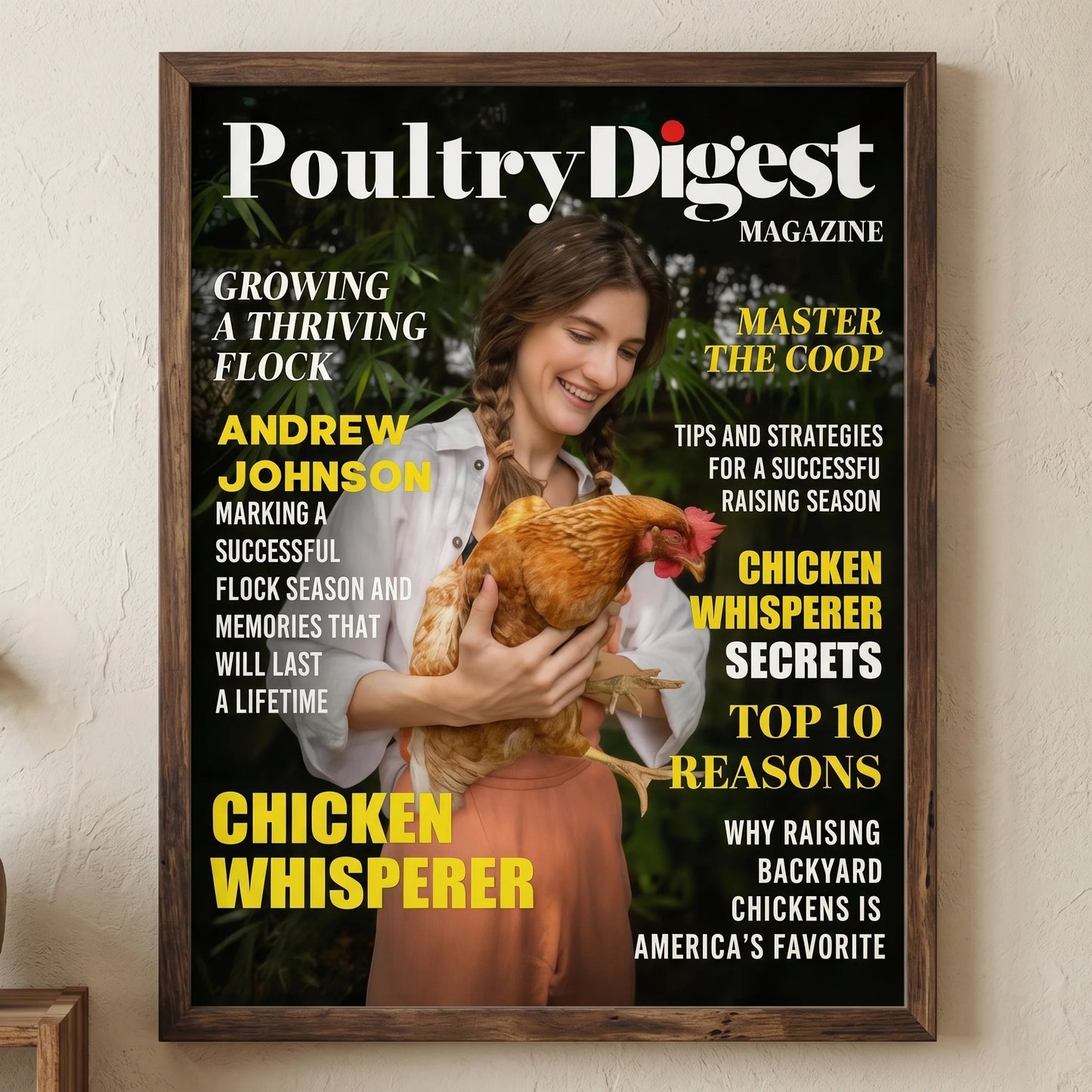 Personalized chicken keeper canvas print featuring a custom Poultry Digest mock magazine cover design