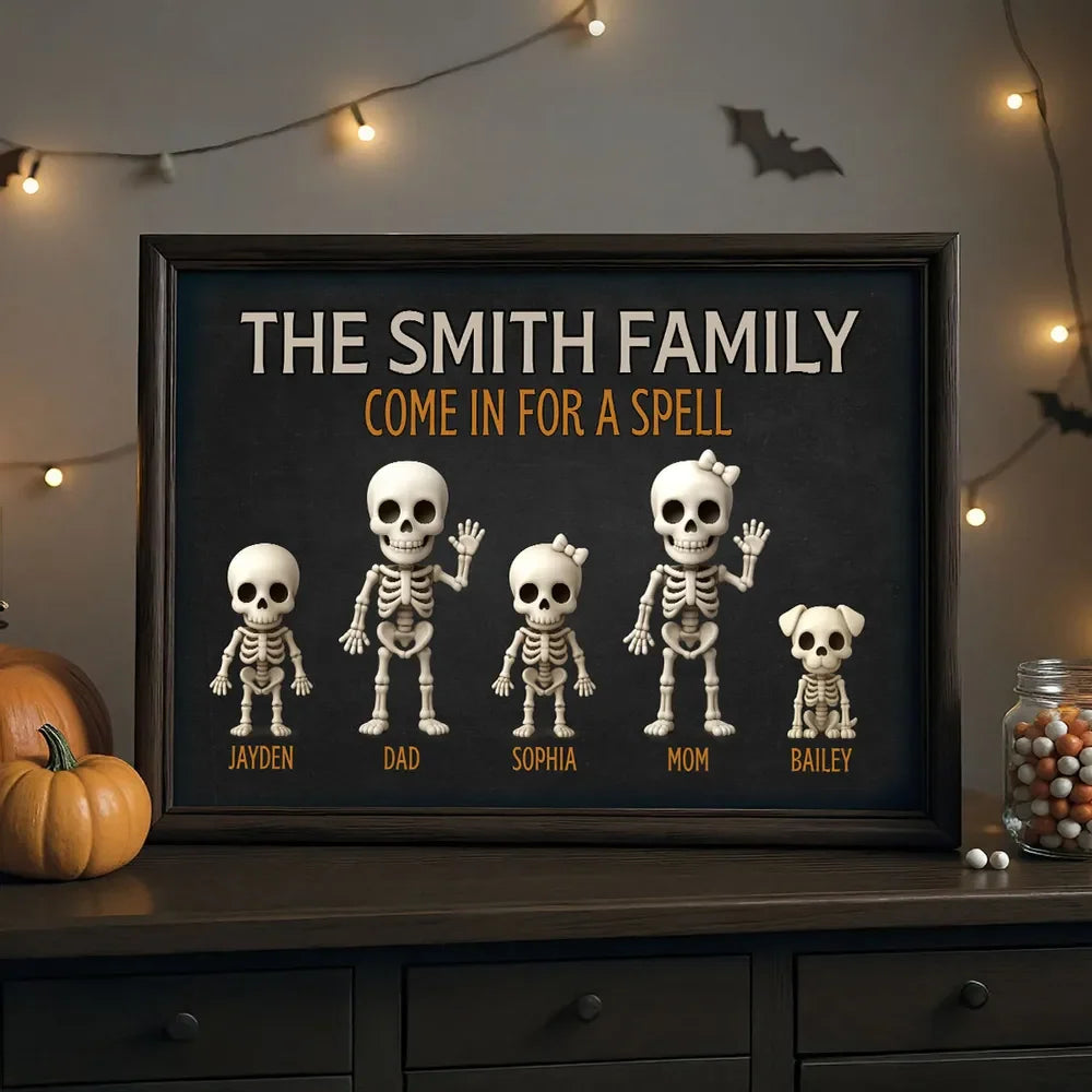 "Come In For A Spell" Personalized Skeleton Family Canvas / Poster - Custom Halloween Wall Art
